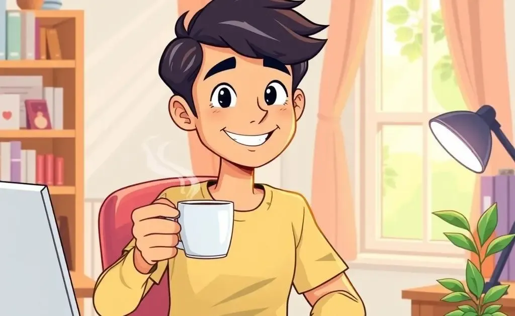 Cartoon of a person starting their productive day at a desk with a fresh cup of coffee.