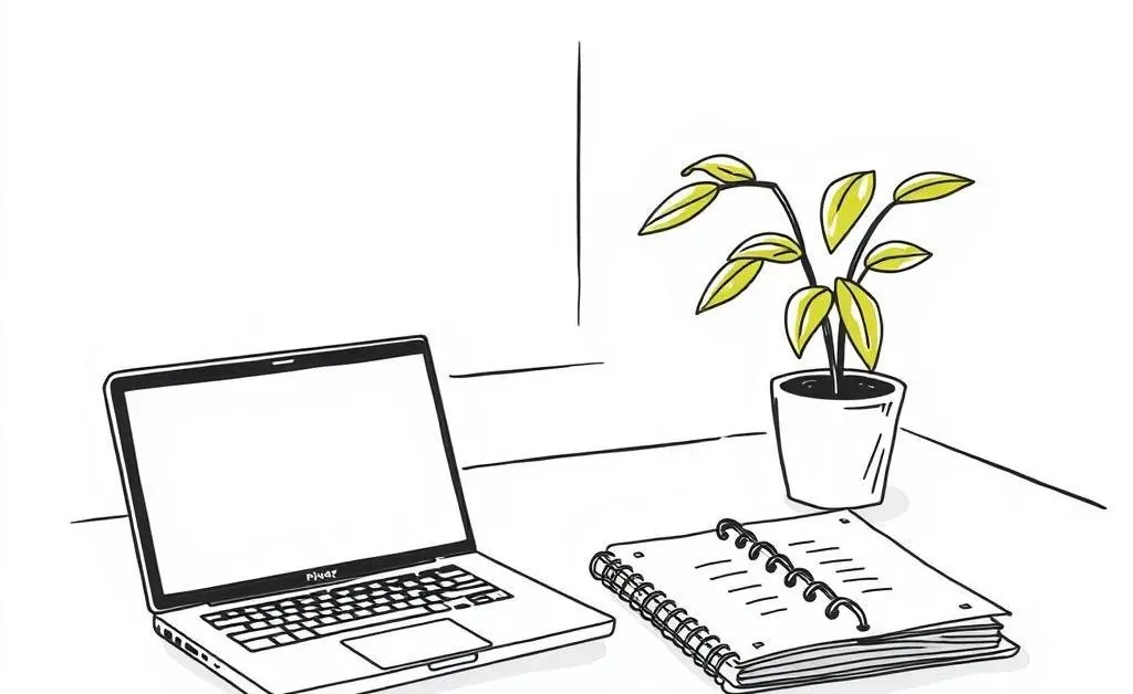 A clean desk setup with a planner and laptop.