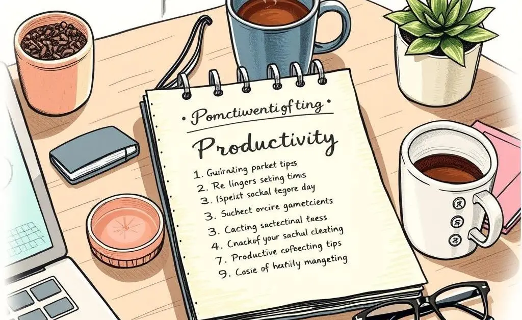 A notepad with productivity tips surrounded by home office items