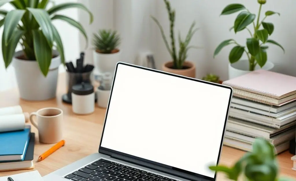 An open laptop on a clutter-free desk with plants and notebooks.