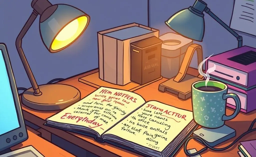 Desk with productivity tools during late night