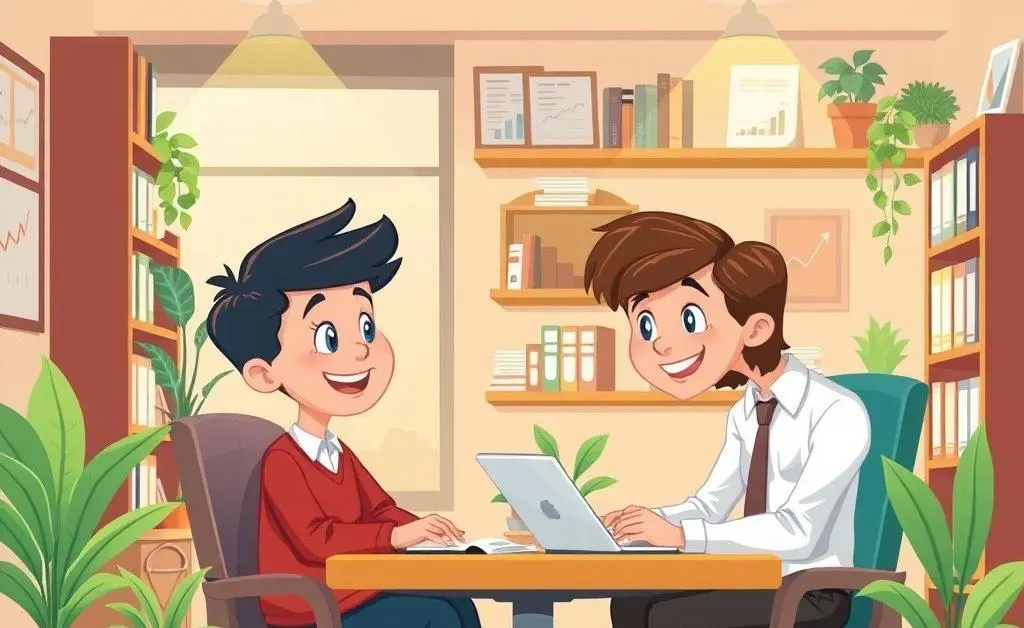 A light-hearted cartoon of a person consulting a financial advisor in a cozy office setting.