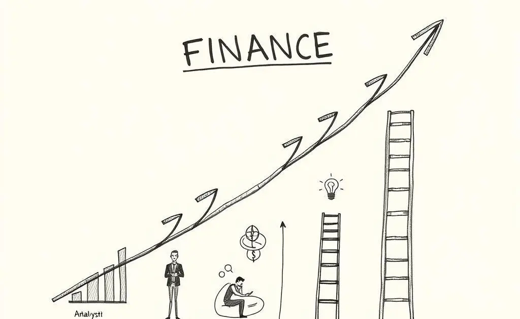 A hand-drawn chart showing professional growth stages in the finance industry, with arrows pointing upwards.