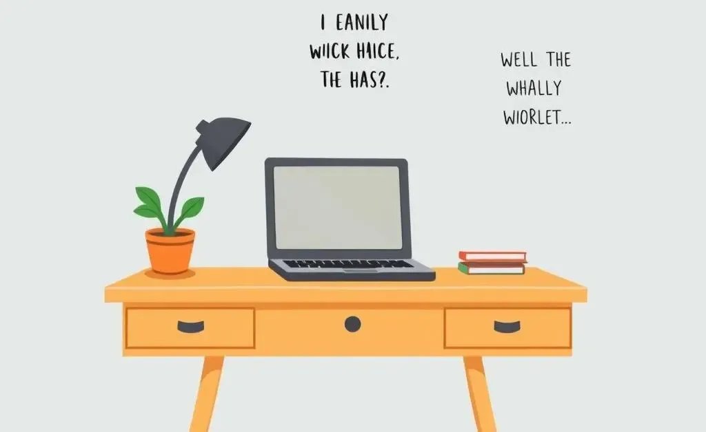 A cartoon-style image of a desk with a laptop, plant, and motivational quotes