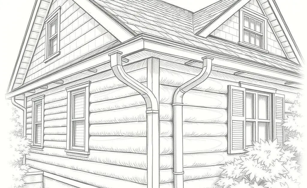 Hand-drawn image of a house with proper drainage systems like gutters and downspouts in place.