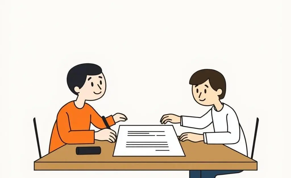 Characters signing a property agreement.