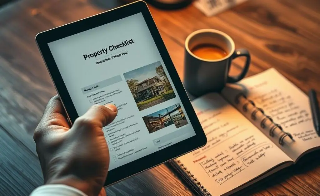 A tablet displaying a property checklist and virtual tours, held in hand.