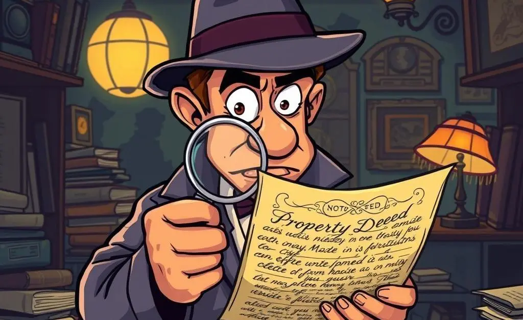 A cartoon-style detective scrutinizing a mysterious property deed.