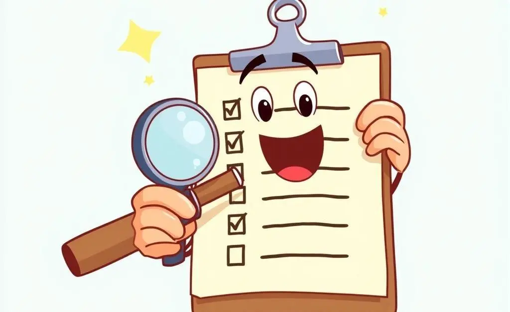 Animated checklist being ticked off by an enthusiastic person with a magnifying glass.