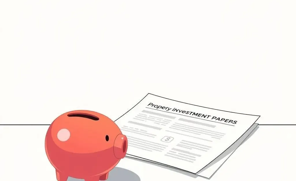 A minimalist drawing of property investment documents and a piggy bank on a table