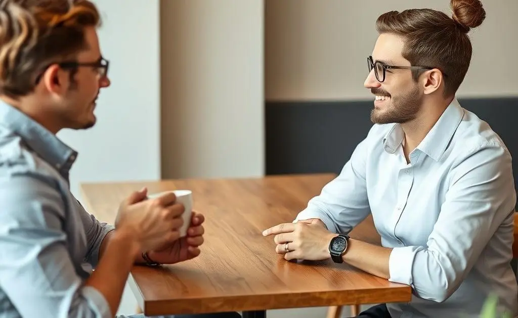 Two people discussing property investment strategies over coffee.