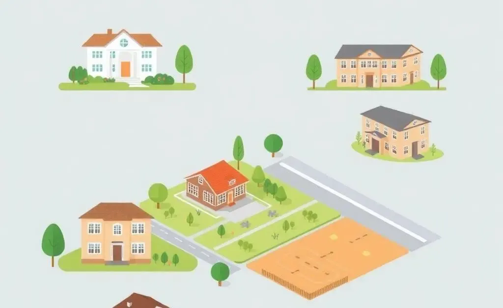 Illustration showing different types of properties: residential, commercial, and land.