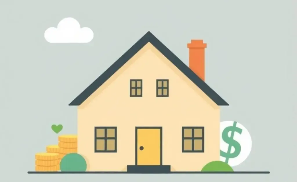 Minimalist illustration of a house and financial symbols representing real estate investment