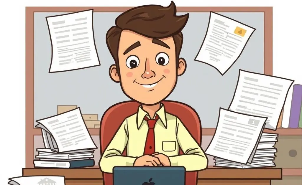 Property manager at a desk surrounded by paperwork.