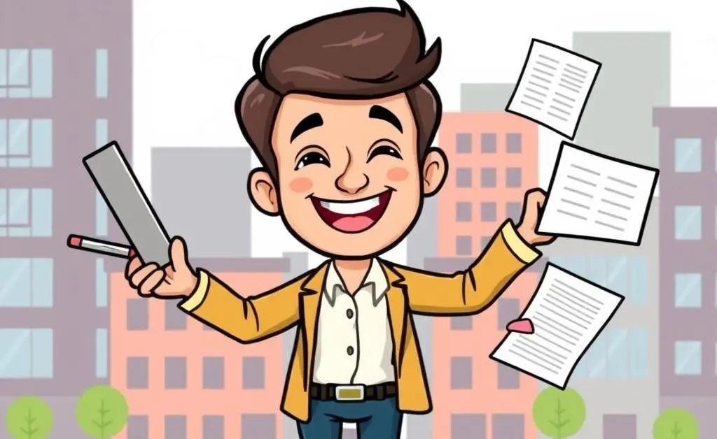 A cartoon-style drawing of a property manager happily handling multiple tasks effortlessly with buildings in the background.