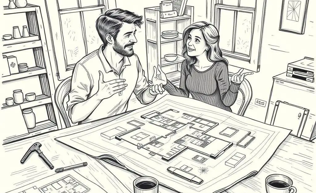 Hand-drawn scene of a couple discussing home renovation plans with blueprints spread out.