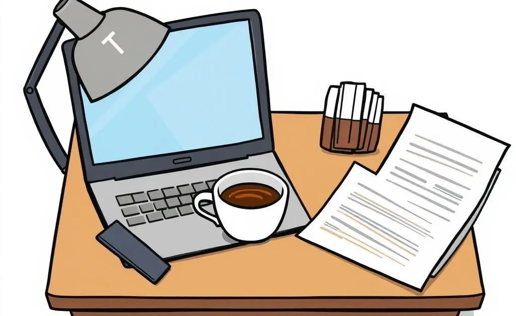 Cartoon-style desk with a laptop, a cup of coffee, and papers labeled 'property research'.