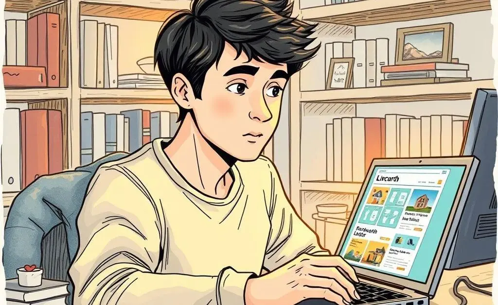 Hand-drawn image of a person researching properties online with a thoughtful expression.