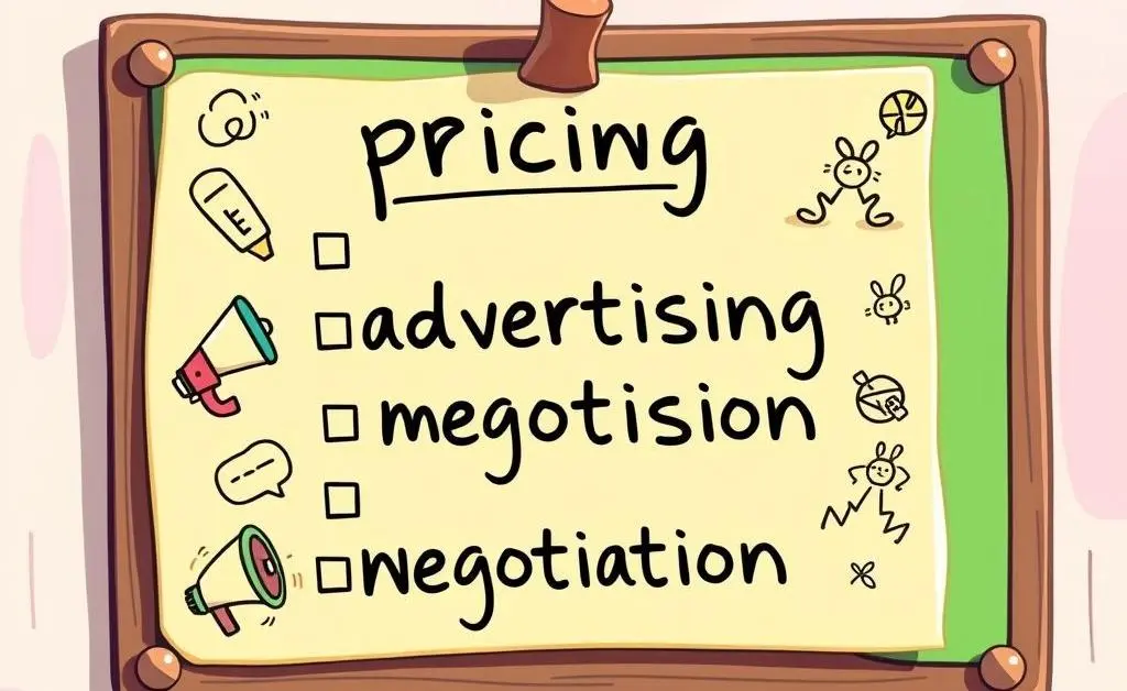 Cartoon depiction of a property-selling process timeline on a clipboard.