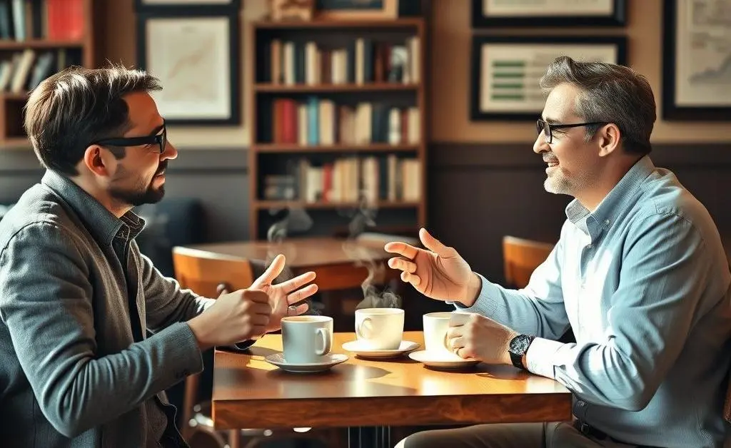 Two people sitting at a table, talking about property tax changes over coffee