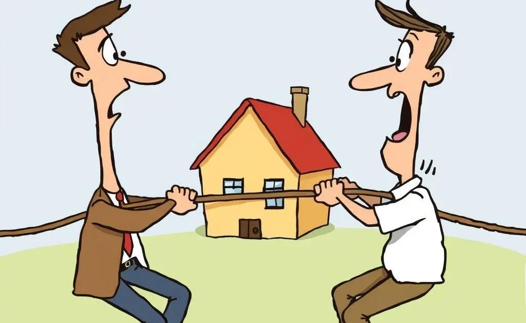 A cartoon depicting a tug-of-war with a house in the middle, representing decision-making in property selling.