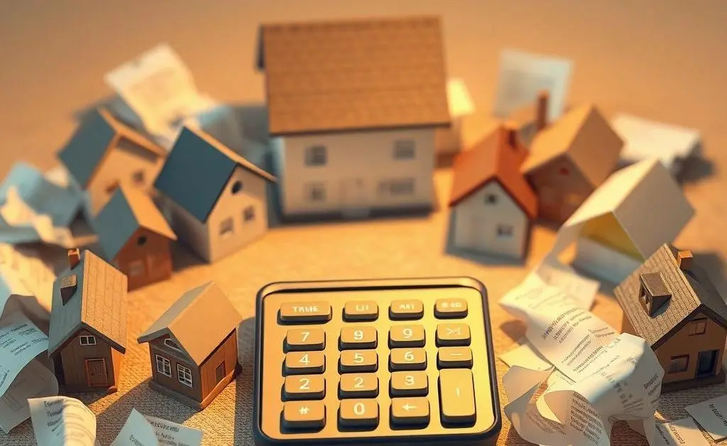 Illustration of a calculator with house models and supermarket receipts scattered around.