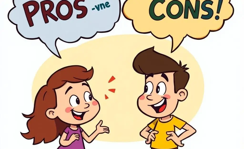 Cartoon people having a conversation with pros and cons thought bubbles above their heads