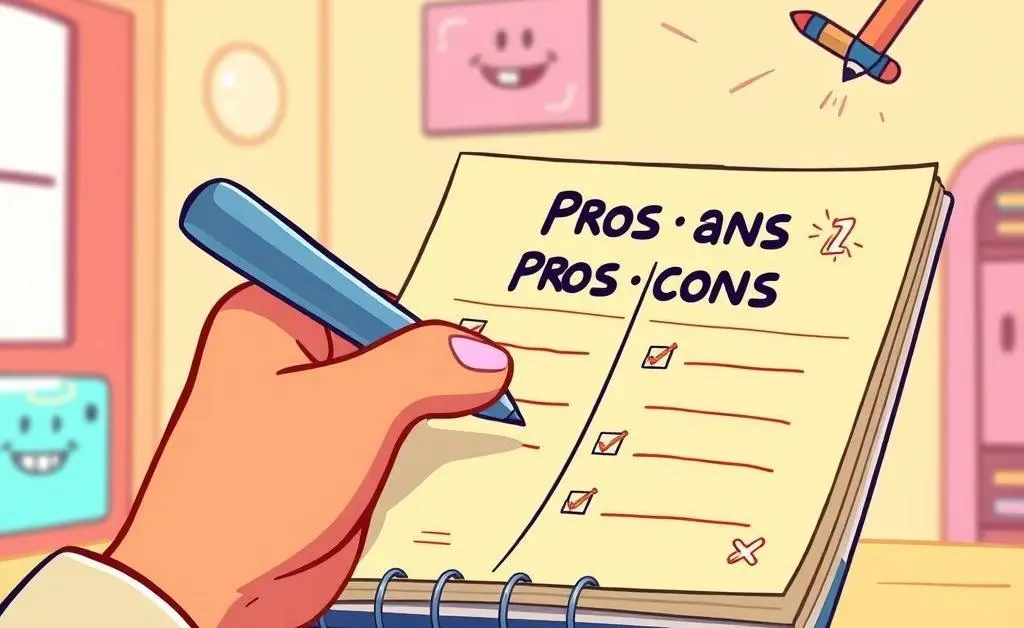 A cartoon-style image of a hand writing a pros and cons list on a notepad.