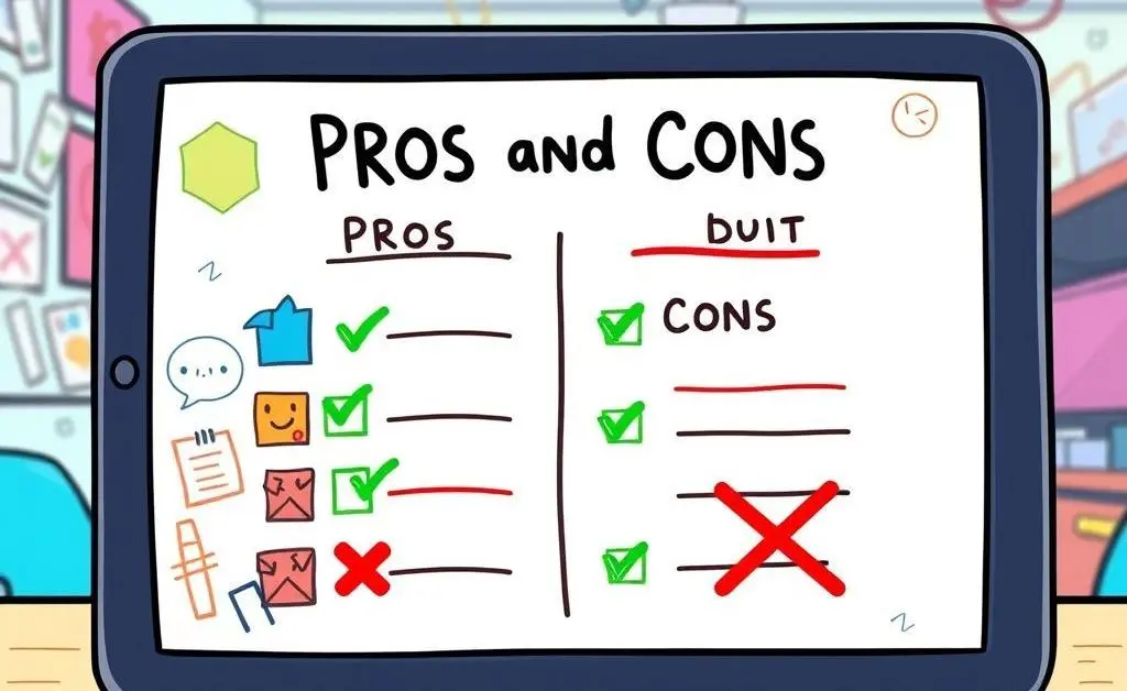 Cartoon-style illustration of a pros and cons list on a tablet screen.
