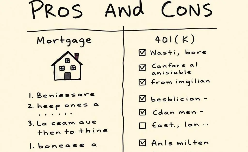 Hand-drawn pros and cons list, with mortgage and 401(k) as focal points.