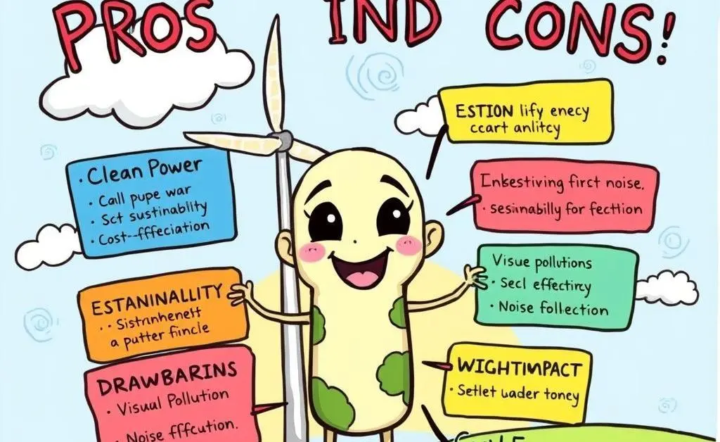A cartoon-style sketch of a pros and cons list about wind energy.
