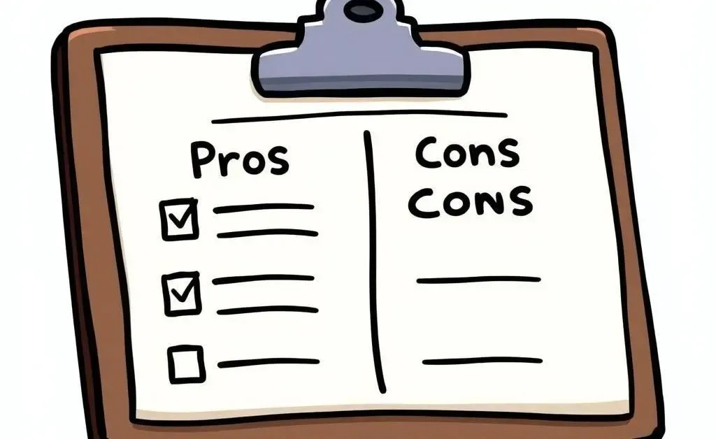 A cartoon-style image of a checklist with pros and cons on a clipboard.