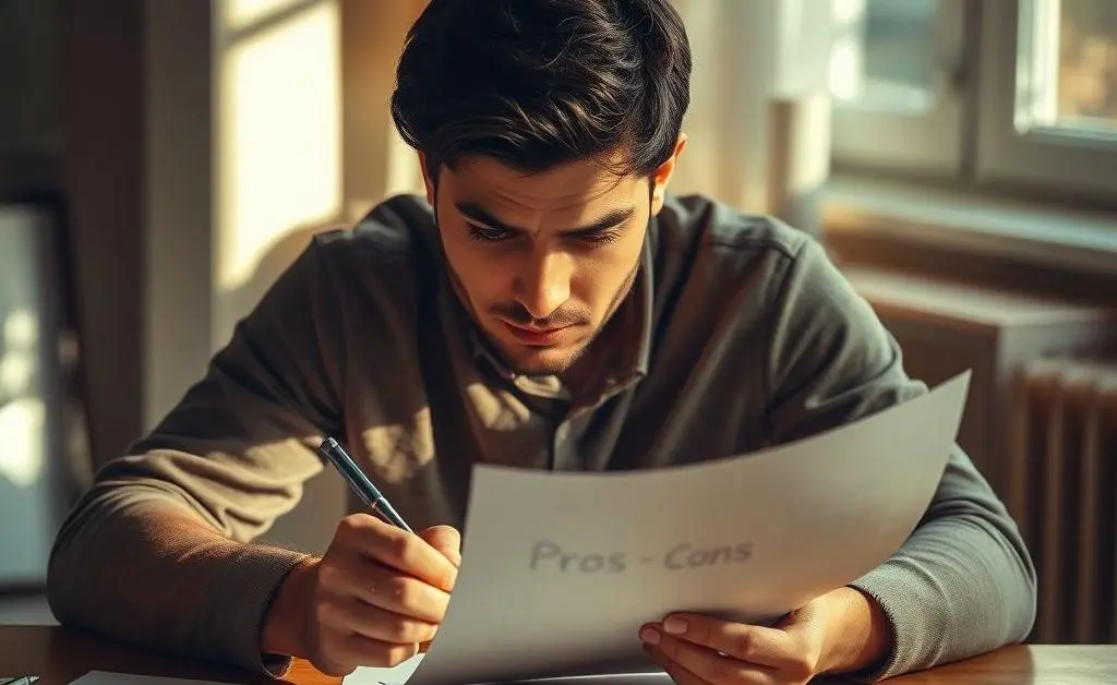 A person writing a pros and cons list