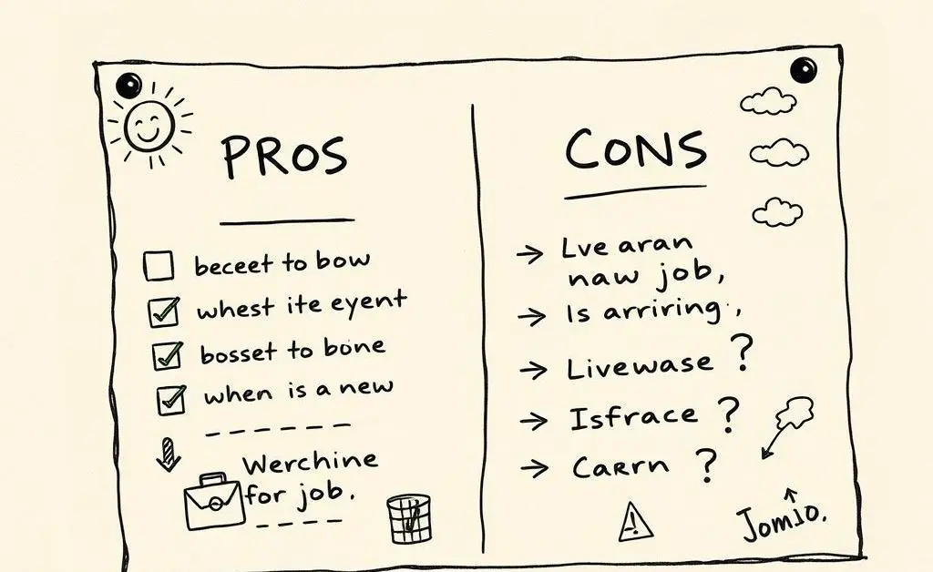 A hand-drawn style image of a pros and cons list for taking a new job offer.