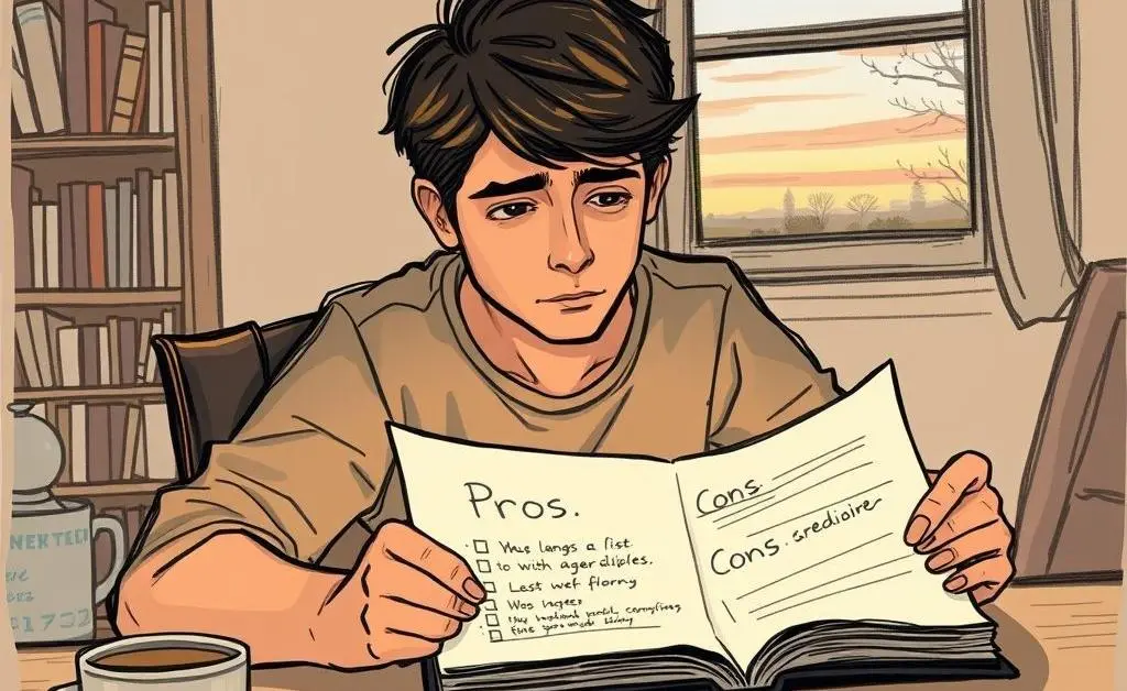 Illustration of a person with a pros and cons list in front of them.