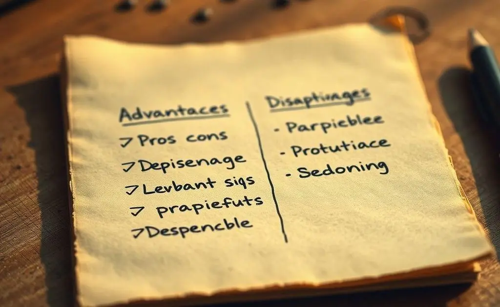 A notepad with a list of pros and cons and a few notes scribbled around.