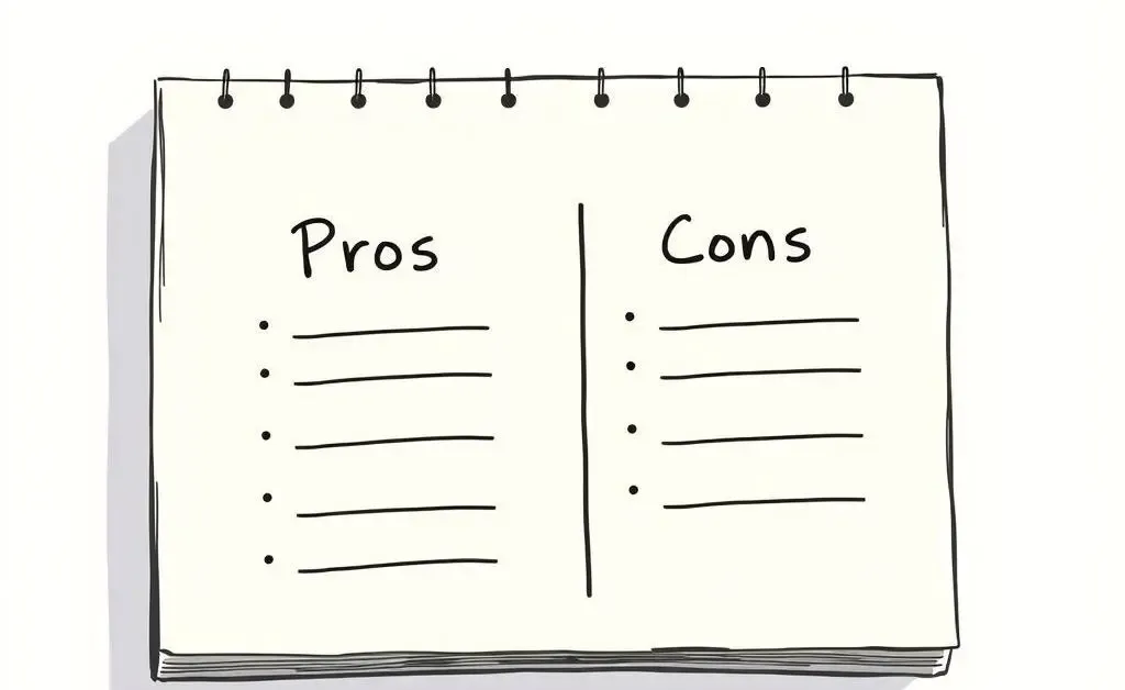 A minimalist illustration of a pros and cons list on a notepad.