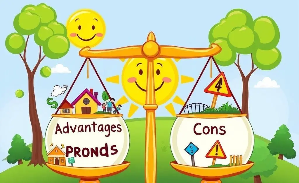 A balanced scale with pros and cons of owning land.