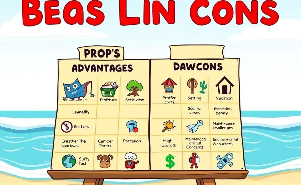 A cartoon-style table showing pros and cons of beach lot investments with icons representing positive and negative aspects.