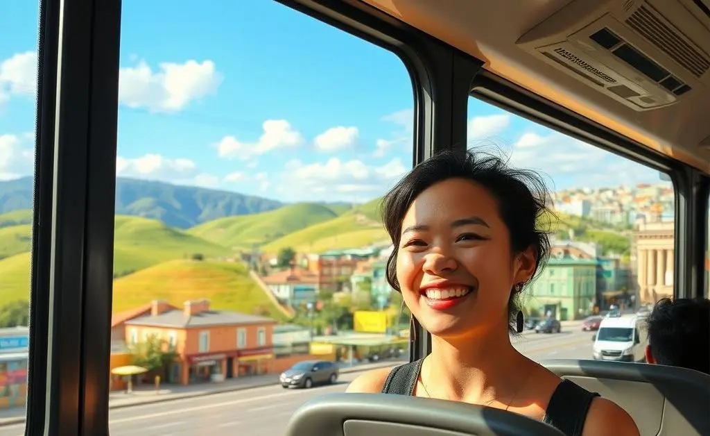 Cartoon traveler enjoying a view from a bus