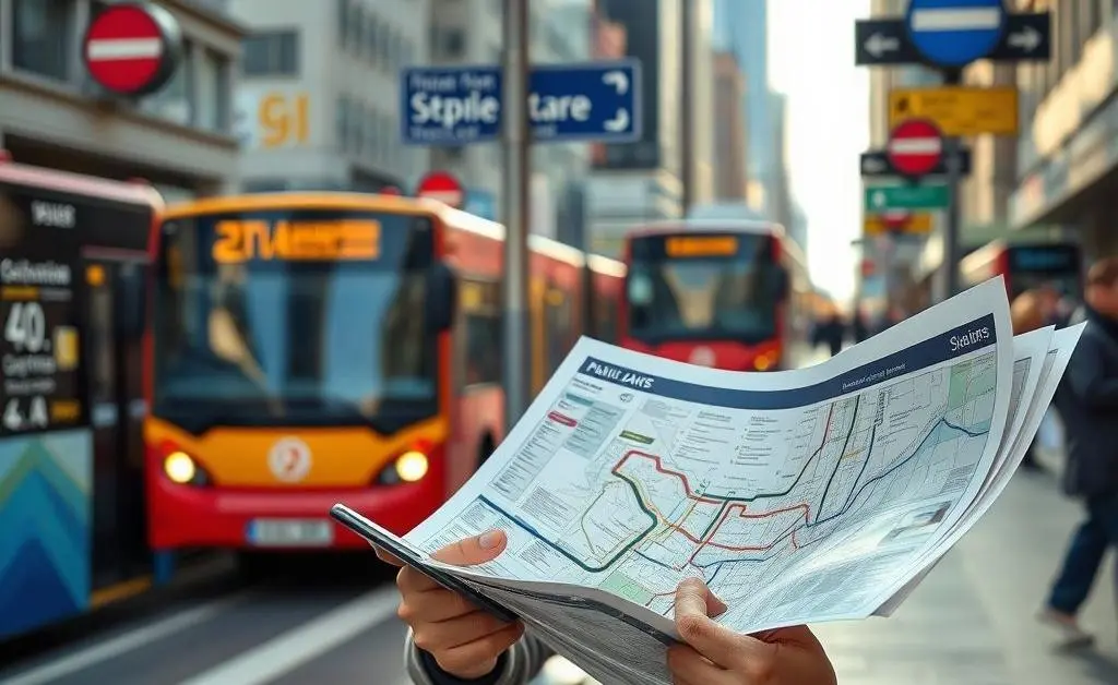 A person using a calculator while looking at a public transportation map.