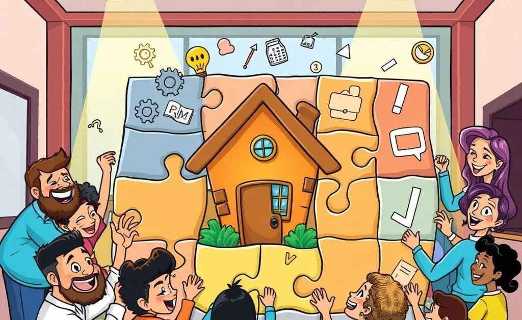 A cartoon image of a puzzle solving session with a house at the center, representing understanding PMI.