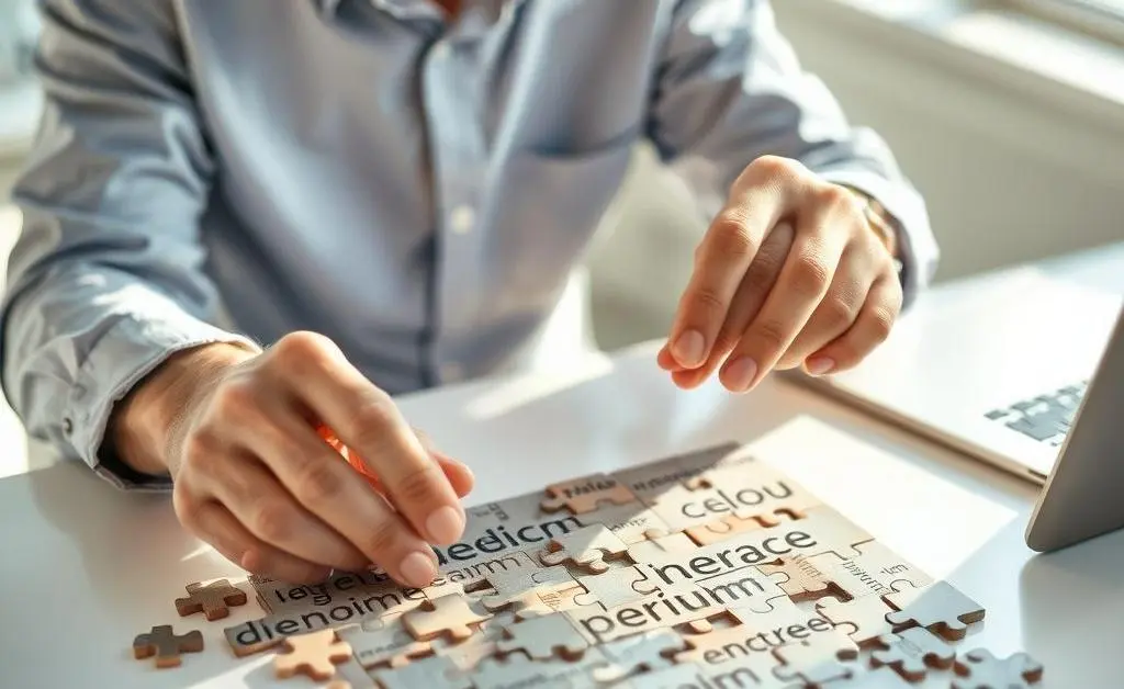 An individual piecing together a puzzle with terms like 'deductible', 'premium', and 'coverage'.