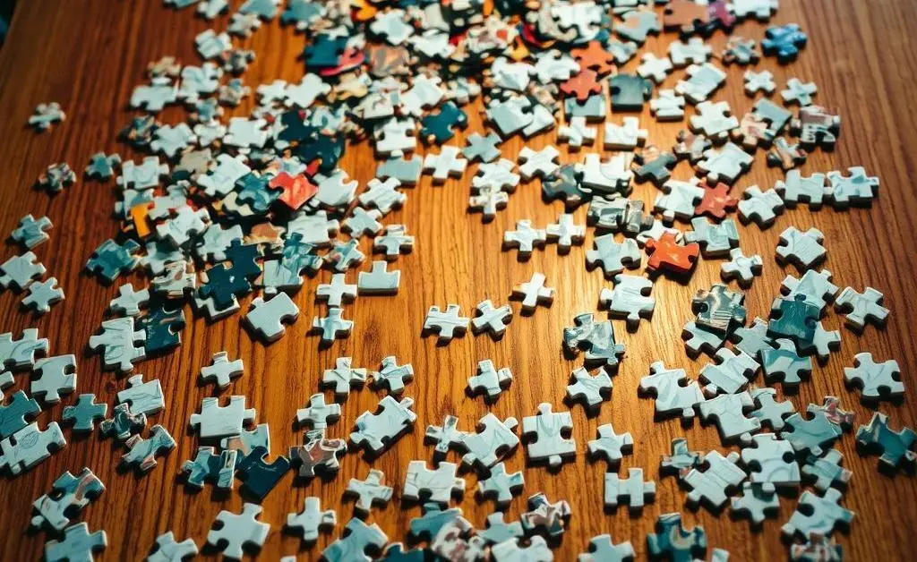 A table cluttered with scattered puzzle pieces, some forming an incomplete picture