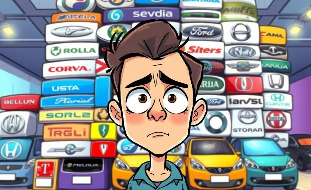 Cartoon-style drawing of a person looking puzzled in front of a stack of EV brands
