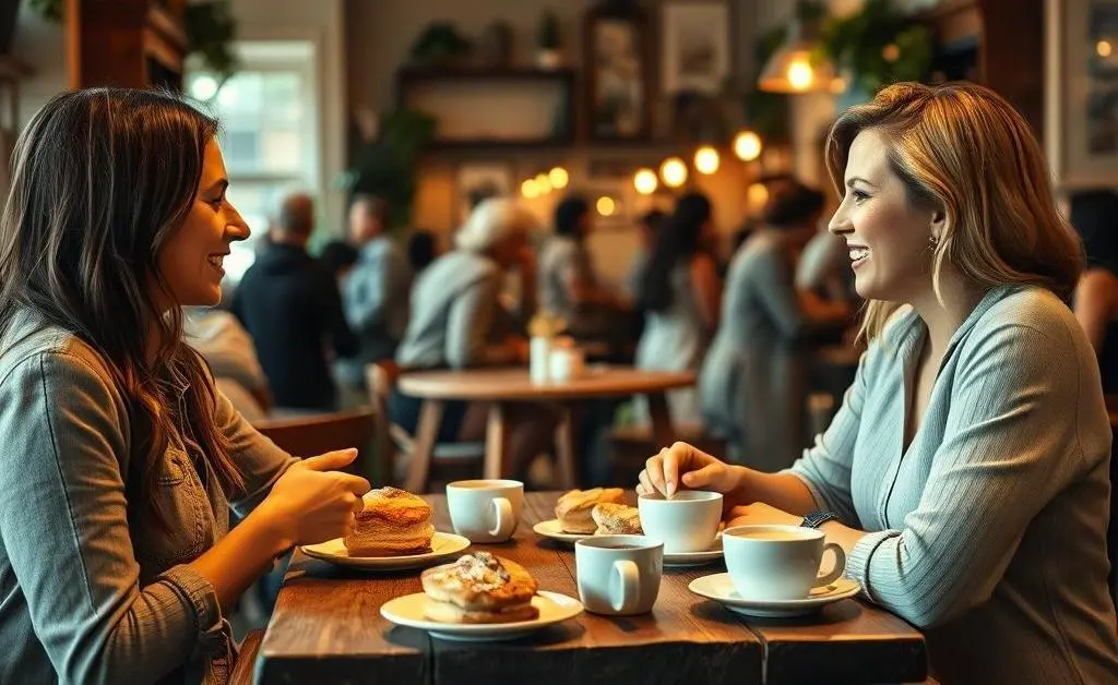 A quaint coffee shop scene with two friends chatting over coffee and pastries