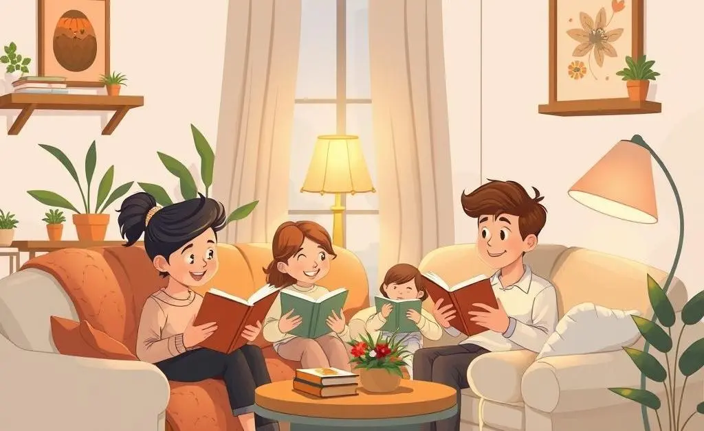 Family spending quality time together, reading under a warm lamp in a cozy living room.