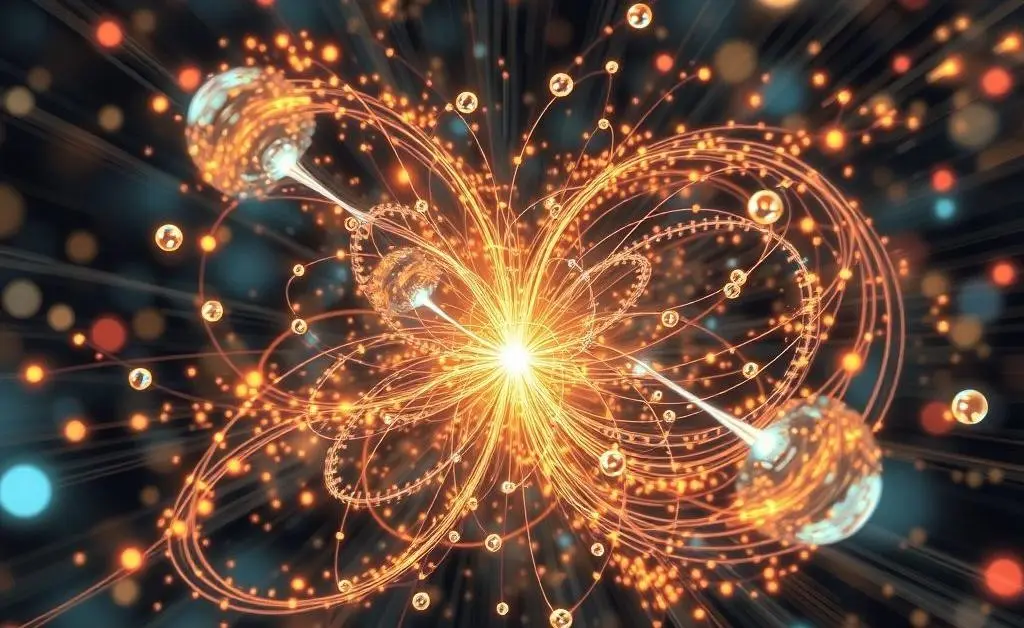 Artistic representation of quantum bits in motion, swirling around in different states