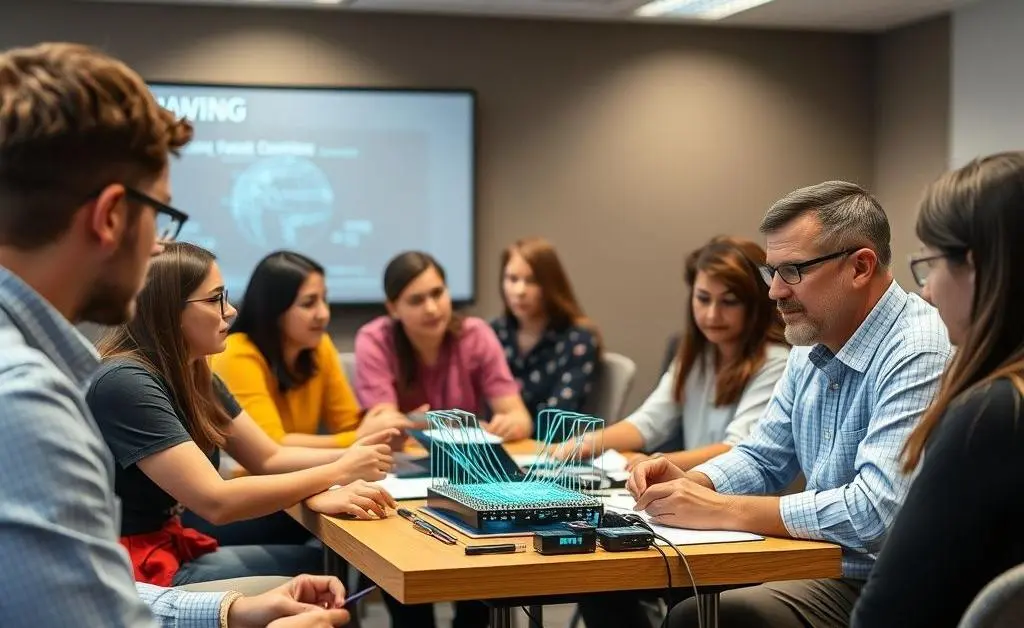 A group of people at a workshop, learning and discussing quantum computing concepts