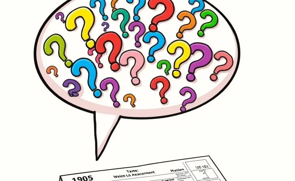 Cartoon image of a speech bubble filled with question marks above a tax form.